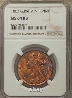 Great Britain Victoria 1862 Penny Coin, Uncirculated, Certified Ngc Ms64-rb