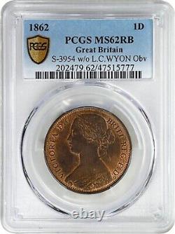 Great Britain Victoria 1862 Penny Coin, Uncirculated, Certified Pcgs Ms62-rb