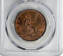 Great Britain Victoria 1862 Penny Coin, Uncirculated, Certified Pcgs Ms62-rb