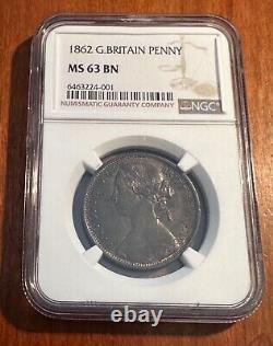 Great Britain Victoria 1862 Penny Coin, Uncirculated, Pcgs Certified Ms63-bn