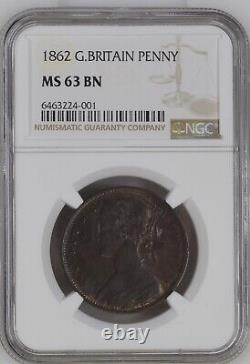 Great Britain Victoria 1862 Penny Coin, Uncirculated, Pcgs Certified Ms63-bn