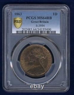 Great Britain Victoria 1863 1 Penny Coin, Uncirculated, Certified Pcgs Ms64-rb