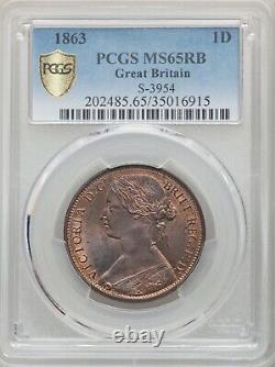 Great Britain Victoria 1863 1 Penny Coin, Uncirculated, Certified Pcgs Ms65-rb