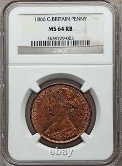 Great Britain Victoria 1866 Penny, Choice Uncirculated, Certified Ngc Ms64-rb