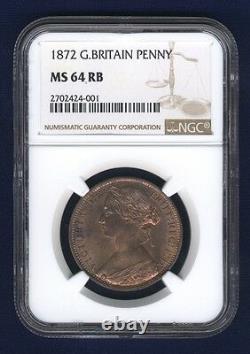 Great Britain Victoria 1872 Penny, Choice Uncirculated, Certified Ngc Ms64-rb