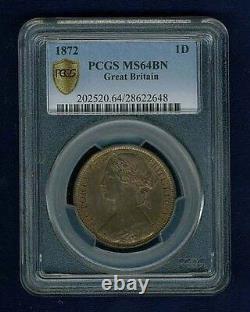 Great Britain Victoria 1872 Penny, Choice Uncirculated, Certified Pcgs Ms64-bn
