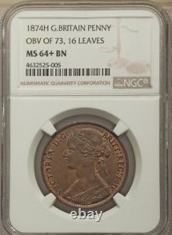 Great Britain Victoria 1874-h Penny Coin, Uncirculated, Certified Ngc Ms64+bn