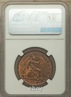 Great Britain Victoria 1874-h Penny Coin, Uncirculated, Certified Ngc Ms64+bn