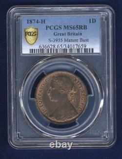 Great Britain Victoria 1874-h Penny Coin, Uncirculated, Certified Pcgs Ms65-rb