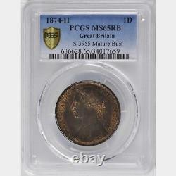 Great Britain Victoria 1874-h Penny Coin, Uncirculated, Certified Pcgs Ms65-rb