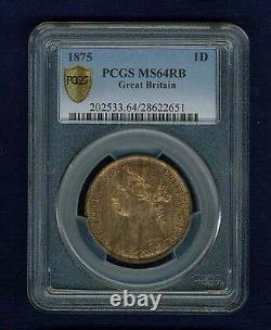 Great Britain Victoria 1875 Penny, Choice Uncirculated, Certified Pcgs Ms64-rb