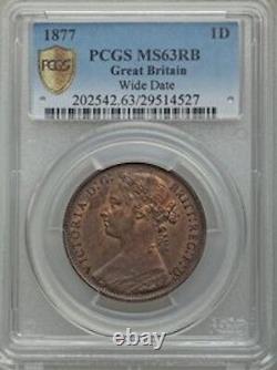 Great Britain Victoria 1877 Penny, Choice Uncirculated, Certified Pcgs Ms63-rb