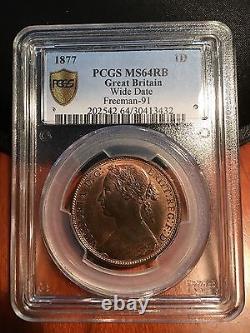 Great Britain Victoria 1877 Penny, Choice Uncirculated, Certified Pcgs Ms64-rb