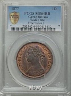 Great Britain Victoria 1877 Penny, Choice Uncirculated, Certified Pcgs Ms64-rb