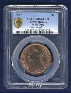 Great Britain Victoria 1877 Penny, Choice Uncirculated, Certified Pcgs Ms64-rb