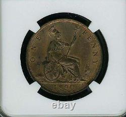 Great Britain Victoria 1890 1 Penny, Choice Uncirculated, Certified Ngc Ms63-rb