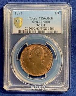 Great Britain Victoria 1894 1 Penny Coin Uncirculated, Certified Pcgs Ms63-rb