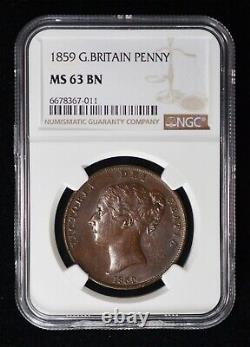 NGC MS63 1859 Great Britain Victoria Penny KM739, S-3948