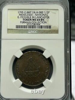 NGC MS64BN 1795 Great Britain Middlesex. National Series copper 1/2 Penny Token