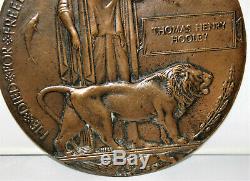 Original WW1 Bronze Memorial Plaque Dead Mans Penny Tomas Henry Hooley 1914 1918