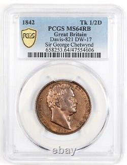 PCGS MS64RB 1842 GB, Grendon SIR GEORGE CHETWYND Copper Halfpenny