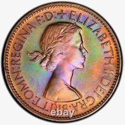PR63BN 1953 Great Britain 1 Cent Proof, PCGS Trueview- Rainbow Toned