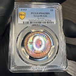 PR63BN 1953 Great Britain 1 Cent Proof, PCGS Trueview- Rainbow Toned
