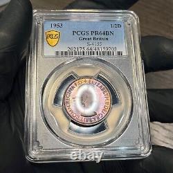 PR64BN 1953 Great Britain 1/2 Cent Proof, PCGS Trueview- Rainbow Toned