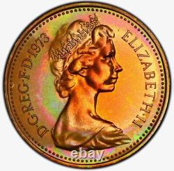 PR64RB 1973 Great Britain 1 Penny Proof, PCGS Trueview- Rainbow Toned