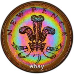 PR65BN 1973 Great Britain 2 Penny Proof, PCGS Trueview- Neon Rainbow Toned