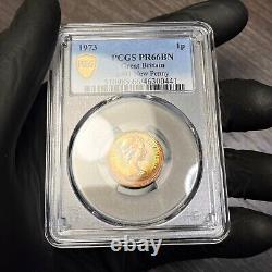 PR66BN 1973 Great Britain 1 Penny Proof, PCGS Secure- Rainbow Toned