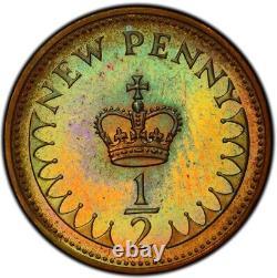 PR66RB 1973 Great Britain 1/2 Penny Proof, PCGS Secure- Rainbow Toned Top Pop