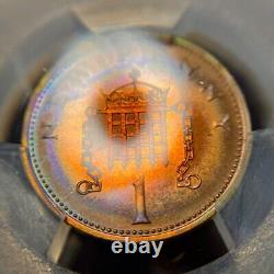 PR66RB 1973 Great Britain 1 Penny Proof, PCGS Trueview- Rainbow Toned