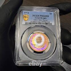 PR66RB 1973 Great Britain 2 Pence Proof, PCGS Secure- Vivid Rainbow Toned