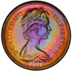 PR66RB 1973 Great Britain 2 Pence Proof, PCGS Secure- Vivid Rainbow Toned