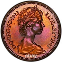PR66RB 1973 Great Britain Penny Proof, PCGS Secure- Rainbow Toned