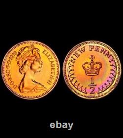 PR68RB 1979 Great Britain 1/2 Penny Proof, PCGS- Rainbow Toned Solo Top Pop