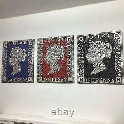 Penny Black, Red and Blue set of three Mosaic Stamp design Art