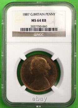 S11 -Great Britain 1 Penny 1887 NGC MS64 RB Brilliant Uncirculated Coin Victoria