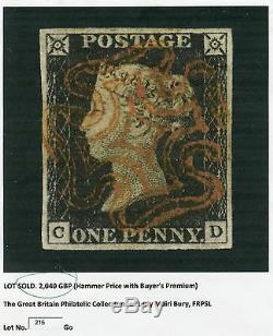 Weeda GB 1 Penny Black, RARE double-lined Stonehaven red Maltese Cross cancel