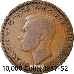10 000 pièces de monnaie VF Grande-Bretagne Demi-penny Roi George VI TRÈS BIEN 1937-1952 KM896