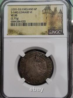 1551-53 Grande-Bretagne Angleterre Edward VI S 2483 sixpence 6d 6 Penny pièce NGC VF20