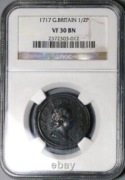 1717 NGC VF 30 George I Décharge 1/2 Penny Cuivre Pièce de Grande-Bretagne (23012002C)