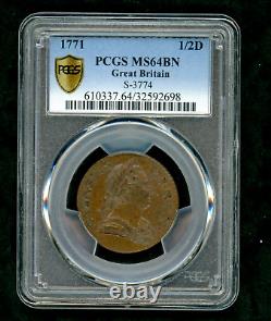 1771 1/2 Penny Grande-Bretagne Roi George III S-3774 PCGS MS64 BN