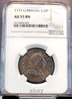 1771 Grande-Bretagne 1/2 Penny George III Ngc Au 55 Bn Rare Grade Élevée