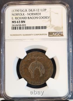 1790 Grande-Bretagne 1/2 Penny D&h-12 Norfolk-Norwich Bacon Cockey Ngc Ms 63 Bn