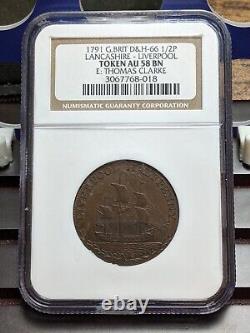 1791 Grande-Bretagne Jeton de 1/2 Penny Liverpool Ship NGC Rare