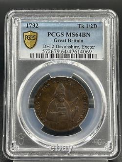 1792 Grande-Bretagne DH-2 Devonshire, Exeter 1/2 Penny Conder Token PCGS MS 64 BN