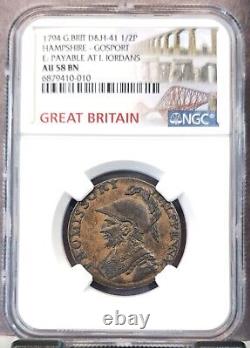 1794 Grande-Bretagne 1/2 Penny D&h 41 Hampshire Gosport Iordans Ngc Au 58 Bn Rare