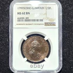 1799 Grande-Bretagne 1/2 Penny NGC MS62BN George III, 6 Relief Gunports